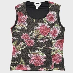 Vintage Y2K Top Womens Sz M Babydoll Black Pink Floral Lace Mesh Cami 90s Fairy